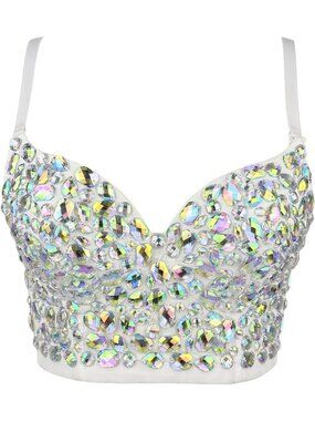 Women's Multi Bustier Crop Top Mesh Corset Top Push up Rhinestone Diamond Bra